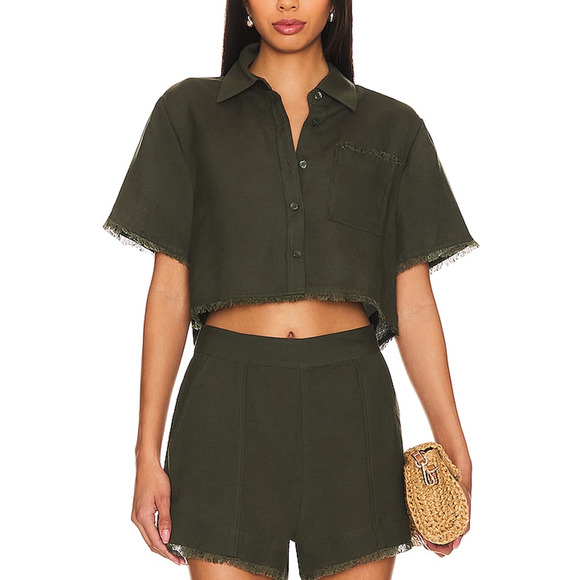 Simkhai 'Solange' Green Linen Cropped Shirt Size S